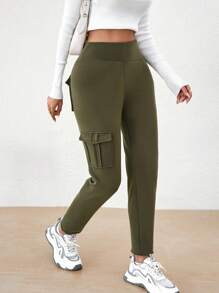 SHEIN Essnce Flap Pocket Cargo Leggings - Army Green - View 6