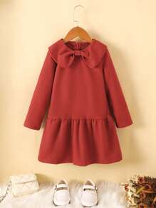 少女酒红色彼得潘领时尚可爱连衣裙秋冬