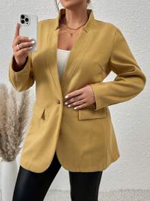 Flirla Plus Size Women Solid Color Long Sleeve Long Casual Woolen Coat, Autumn/Winter Fall Cloth For Women