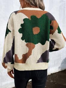 SHEIN LUNE 花朵印花落肩袖套頭毛衣 - 綠色 - 查看 2