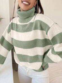 SHEIN Unity 高领条纹撞色针织套头衫秋冬毛衣 - 彩色 - 查看 3