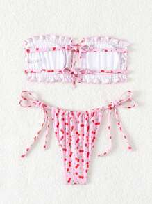 Swim Mod Random Cherry Printed Bikini Set With Ruffled Trim, Knot Detail And Adjustable Side Ties - Multicolor - View 2