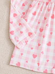 女童粉色條紋趣味愛心圖案開襟長袖長褲家居服兩件套 - 粉色 - 查看 3