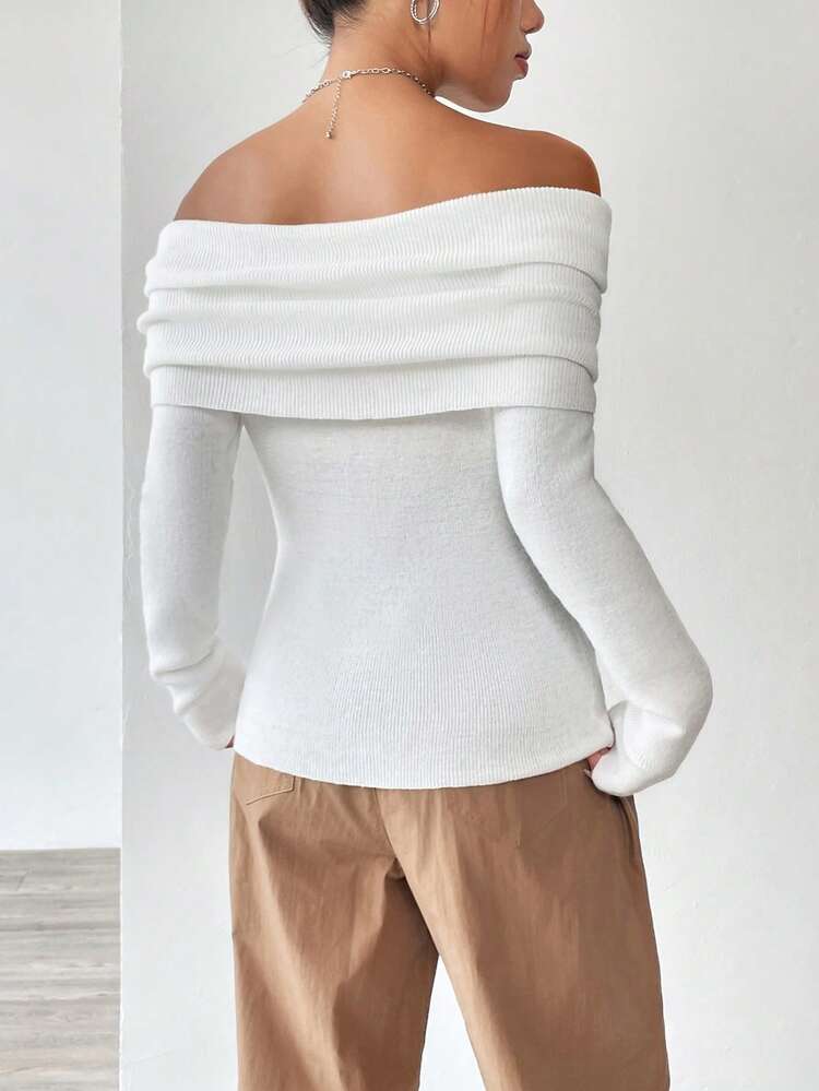 Foldover Off Shoulder Ribbed Knit Pullover Fall Winter Sweater