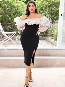 Vestido Con Hombros Descubiertos De Talla Grande Con Volantes, Abertura Y Dos Tonos - Negro - Ver 4