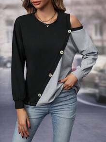 SHEIN LUNE Khối màu Chi tiết Nút Áo thun - màu đen - Xem 3