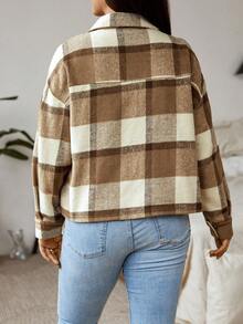 SHEIN Clasi Plus Plaid Print Drop Shoulder Jacket - Khaki - View 3