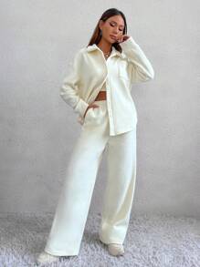 SHEIN Unity 3pcs/set Unisex Autumn Winter Button Up Jacket, Vest And Pants Suit Simple Personalized Outfit - Apricot - View 4