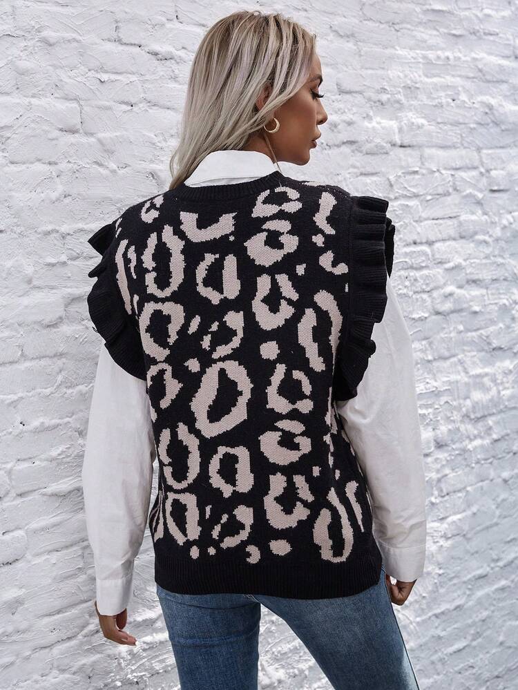 Leopard Pattern Ruffle Trim Sweater Vest Without Blouse