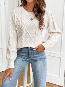 SHEIN Frenchy Women's Solid Color Round Neck Casual Sweater - Beige - View 4