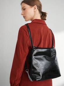 SHEIN BIZwear 時尚純色大容量pu女士肩袋,通勤風格 - 黑色 - 查看 2