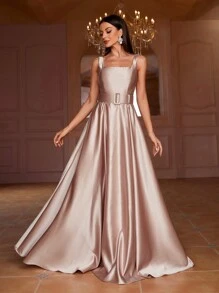 Faeriesty Đầm dạ hội satin thanh lịch dành cho nữ, cổ vuông và có chi tiết thắt lưng, dáng dài xòe không tay. - Rượu sâm banh - Xem 1