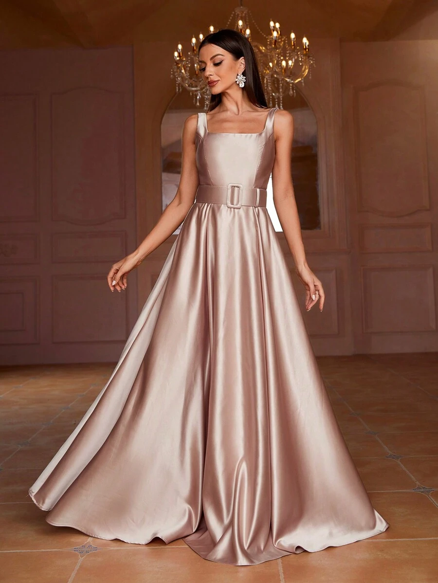 Faeriesty Đầm dạ hội satin thanh lịch dành cho nữ, cổ vuông và có chi tiết thắt lưng, dáng dài xòe không tay. - Rượu sâm banh - Xem 1