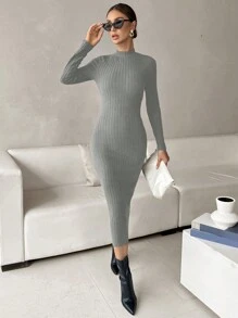 SHEIN Privé 削空骨織露背修身連身裙 - 灰色 - 查看 3