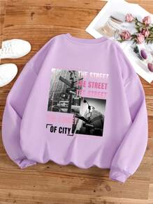 SHEIN EZwear Plus Size Letter Print Drop Shoulder Sweatshirt - Purple - View 1