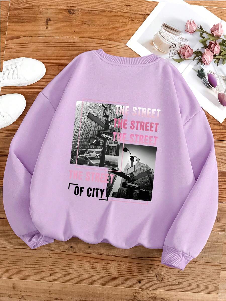 SHEIN EZwear Plus Size Letter Print Drop Shoulder Sweatshirt - Purple - View 1