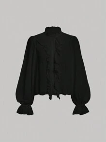 SHEIN MOD tay áo lá sen Viền Ruffle Áo sơ mi - màu đen - Xem 1