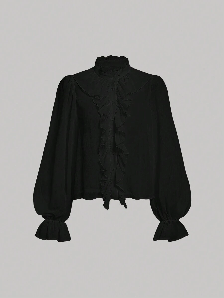 SHEIN MOD Flounce Sleeve Ruffle Trim Shirt - Black - View 1