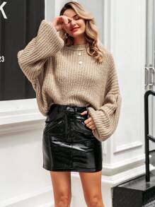 Simplee Women's Solid Color Drop Shoulder Lantern Sleeve Sweater - Camel - View 1