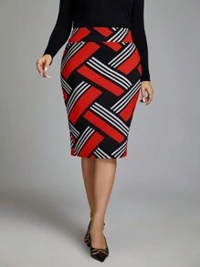 SHEIN Clasi Plus Striped Print Skirt - Red - View 3