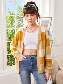 SHEIN 少女撞色落肩开衫 - 彩色 - 查看 1