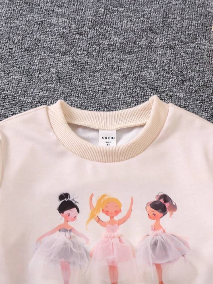 SHEIN Young Girl Ballet Cartoon Pattern Long Sleeve Top And Long Pants Set - Pink - View 6