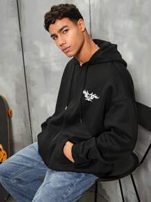 Manfinity Roghcode 男款休閒寬鬆帽衫,束繩和印花設計,肩膀下垂的風格 - 黑色 - 查看 2