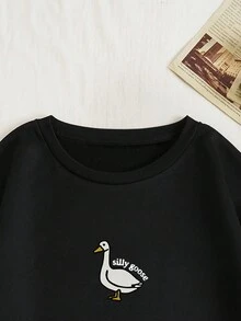 SHEIN Essnce 鴨子和字母圖案落肩袖運動衫 - 黑色 - 查看 3