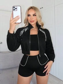 SHEIN SXY 鑲有水晶流蘇拉鍊短外套 - 黑色 - 查看 1