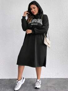 SHEIN LUNE Plus Letter Graphic Drop Shoulder Drawstring Hooded Sweatshirt Dress Graduation,Back To School Outfits,Graduation,Teacher Outfits For Women,Back To School Pullover Fall Outfit - Black - View 4