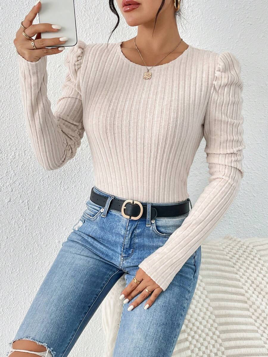 SHEIN Frenchy Camiseta De Manga Un Poco Abultada De Costilla Para Mujer - Albaricoque - Ver 1