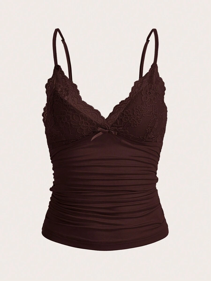 SHEIN ICON Contrast Lace Bow Front Ruched Y2k Cami Top