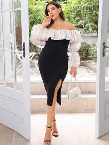 Vestido Con Hombros Descubiertos De Talla Grande Con Volantes, Abertura Y Dos Tonos - Negro - Ver 8