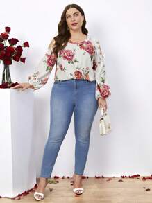 SHEIN Clasi Plus Size Cold Shoulder Collar & Lantern Sleeve Shirt With Applique Embellishments - Multicolor - View 4