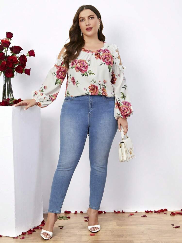 SHEIN Clasi Cộng với kích thước cổ áo lạnh vai & áo sơ mi tay đèn lồng có đính trang trí - Nhiều màu - Xem 4