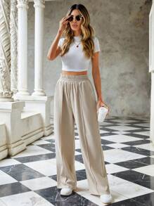 EURMUSE Solid Slant Pocket Wide Leg Pants - Beige - View 4