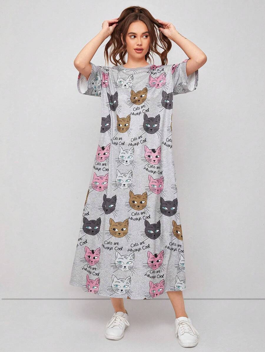Seusyu Drop Shoulder Slogan & Cat Print Tee Dress - Multicolor - View 1