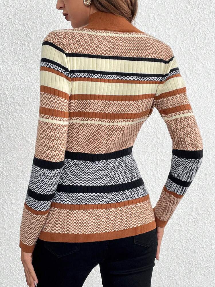 Striped Pattern Mock Neck Sweater