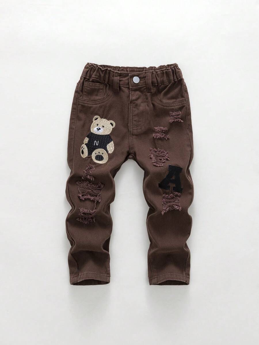 Young Boy Bear Embroidered Ripped Jeans - Coffee Brown - View 1
