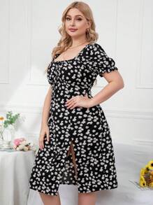 SHEIN Clasi Plus Ditsy Floral Puff Sleeve Knot Front Split Thigh Dress - Black and White - View 4