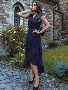 MIUSOL Bridesmaid Dress With Lace Ruffle Hem And Asymmetrical Hemline - Navy Blue - View 4