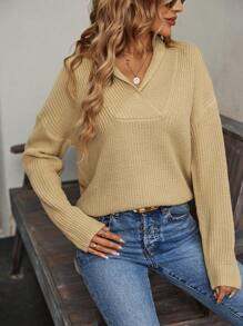 EMERY ROSE بلوزة محبوكة بأكتاف متساقطة للخريف والشتاء - كاكي - مشاهدة 5