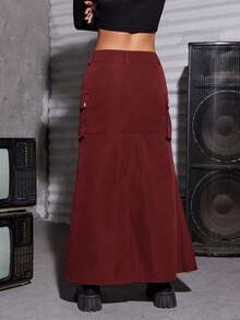 SHEIN Clasi 側翻蓋口袋工裝裙 - 紅色 - 查看 2