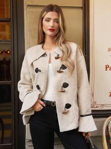 SHEIN Frenchy 翻領牛角扣設計毛皮一體大衣 - 白色 - 查看 6