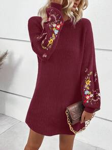 SHEIN LUNE Floral Embroidery Drop Shoulder Sweater Dress - Burgundy - View 6