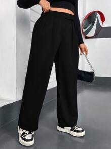 Flirla Của phụ nữ Kích thước lớn Eo cao quần ống rộng Quần tây - màu đen - Xem 5