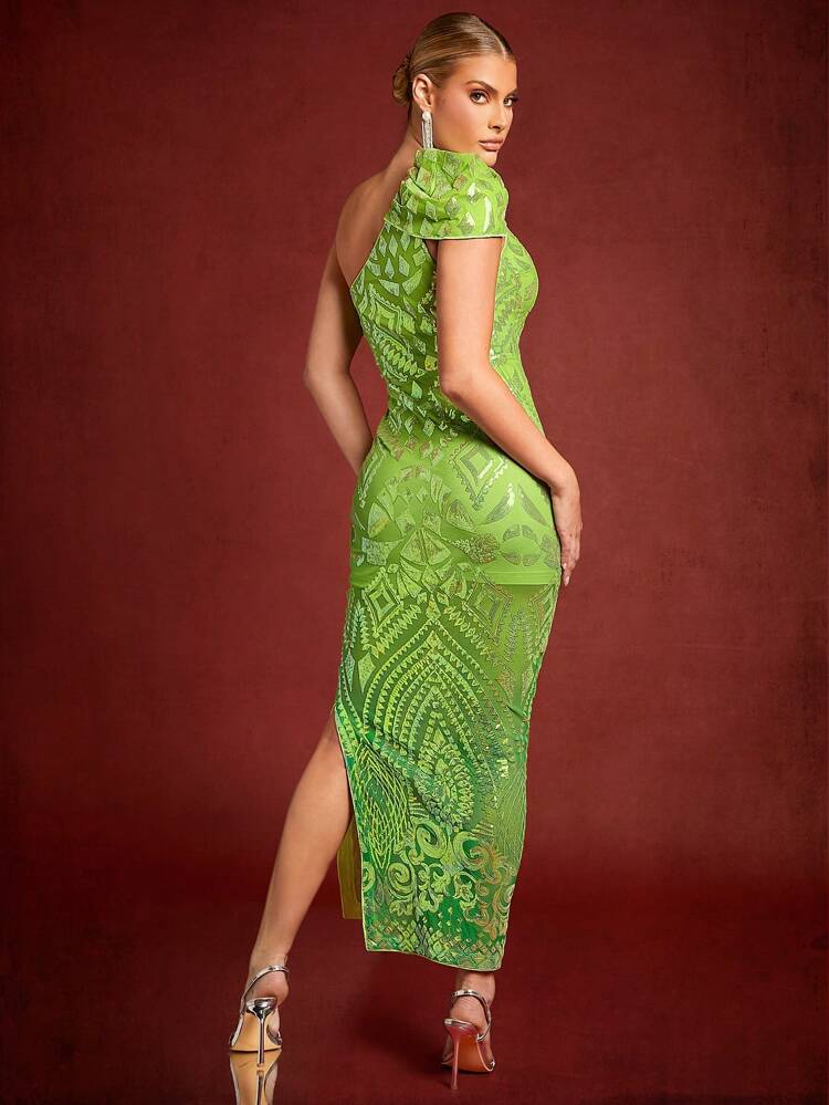One Shoulder Sequin Pattern Dress