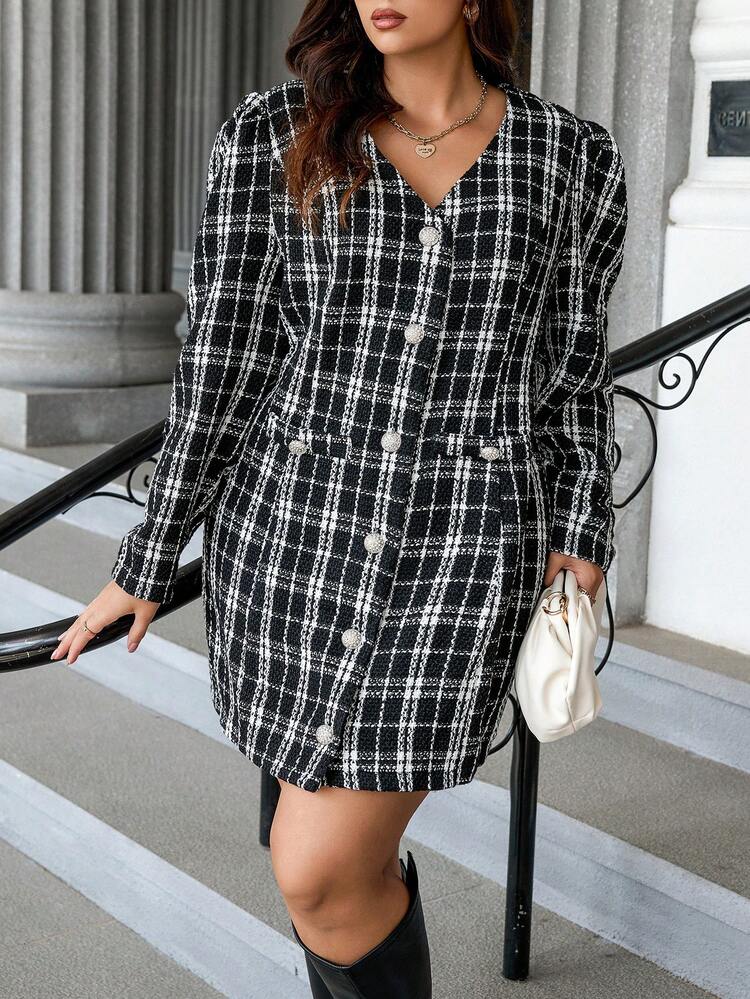 Plus Size Checkered Button Detail Puff Sleeve Dress