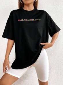 SHEIN EZwear Women's Cartoon Fun Printed Drop Shoulder T-shirt - Black - View 5