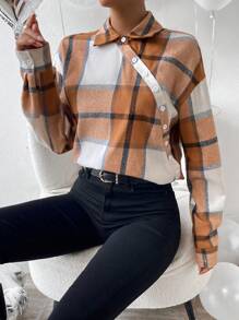 SHEIN Clasi Plaid Print Drop Shoulder Shirt - Brown - View 4